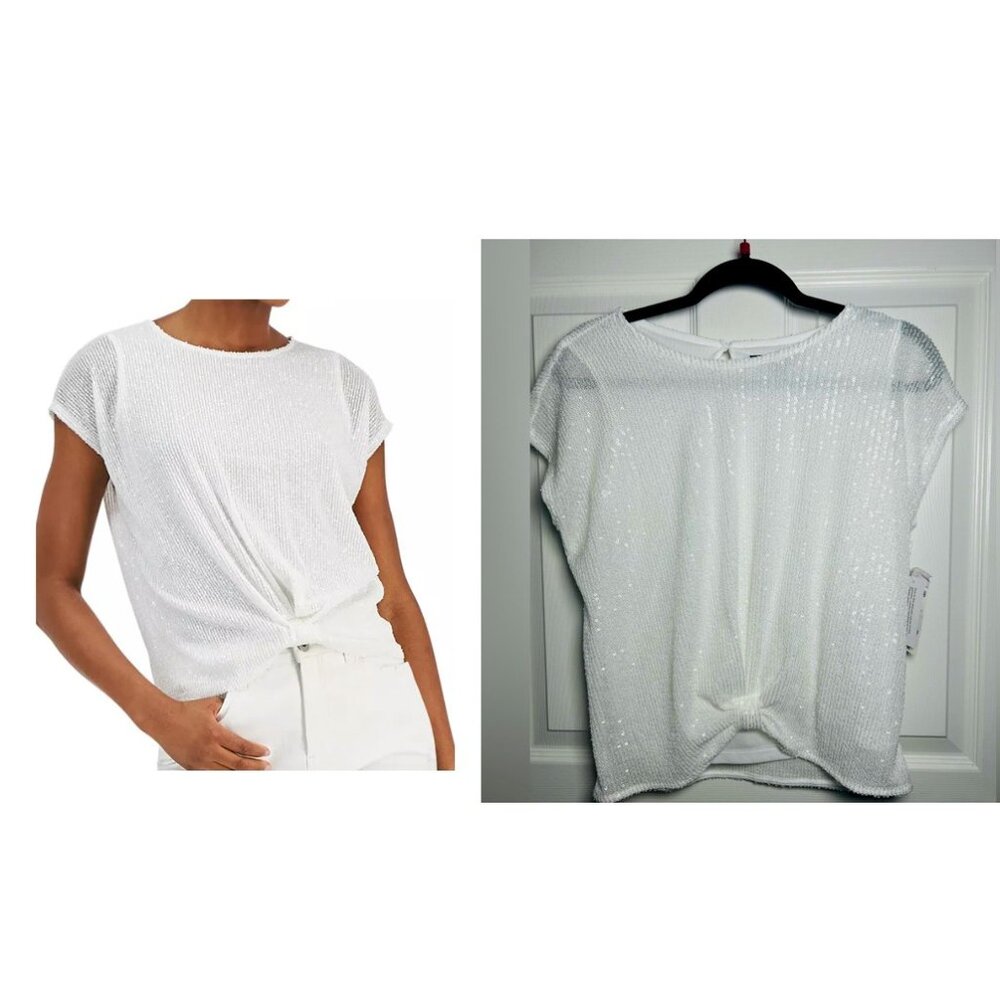 I.N.C. International Concepts Women's Sequined Knot-Front TShirt Size Large NWT